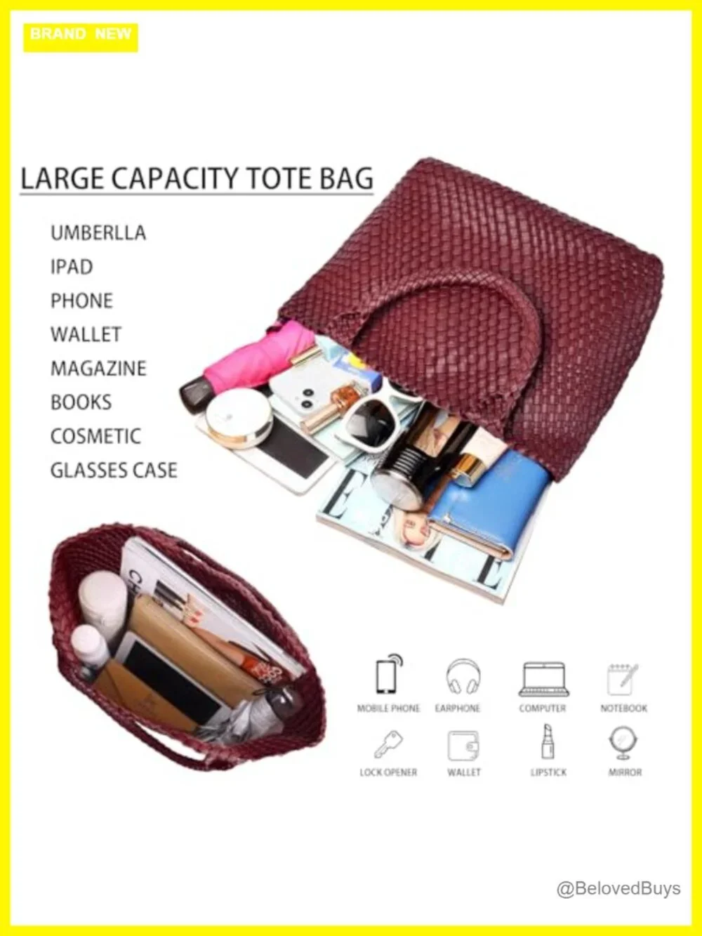 Woven Vegan Leather Tote Shoulder Bag Hand-Woven Shopper Large Capacity